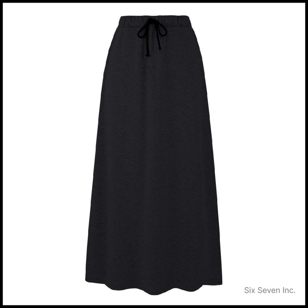Fleece Lined A-Line Maxi Skirt Drawstring Waist Pockets Elegant Winter Chic